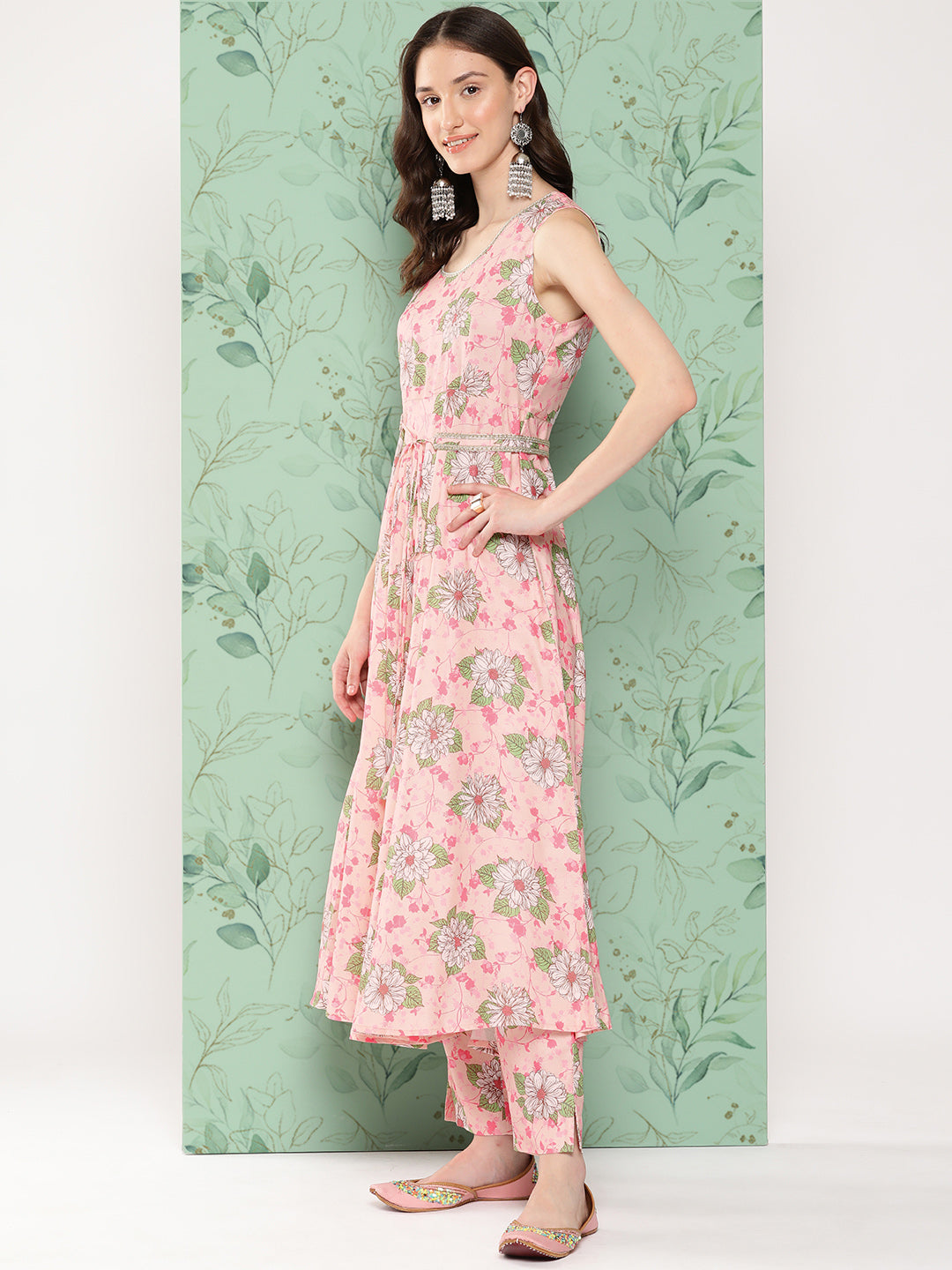 Janasya Women's Peach Moss Digital Floral Printed Flared Festive Kurta Set - Swadesiicart