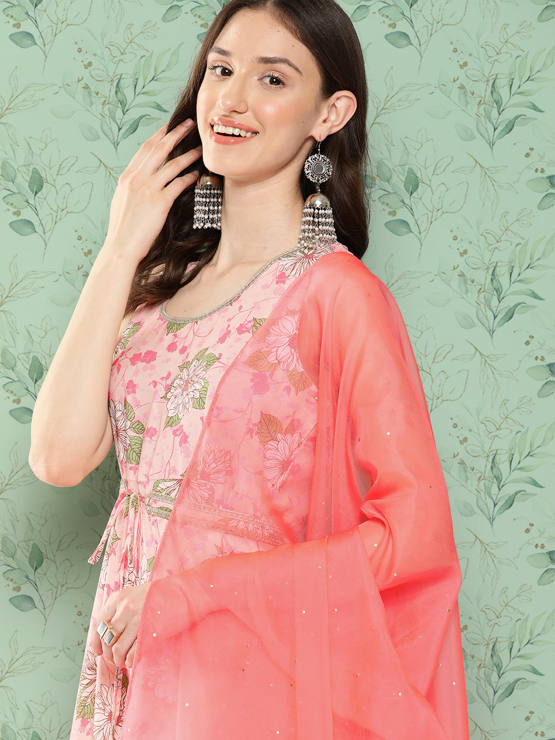 Janasya Women's Peach Moss Digital Floral Printed Flared Festive Kurta Set - Swadesiicart
