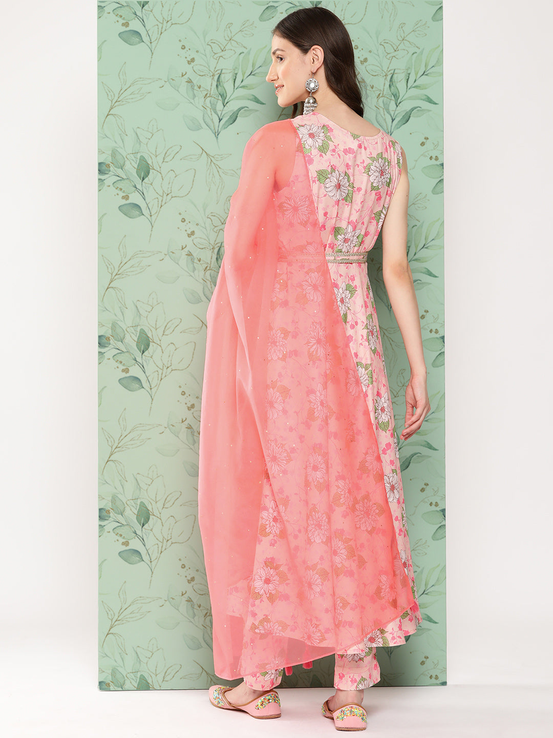 Janasya Women's Peach Moss Digital Floral Printed Flared Festive Kurta Set - Swadesiicart