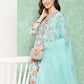 Janasya Women's Aqua Blue Moss Digital Floral Printed Gathered Festive Kurta Set | Swadesiicart
