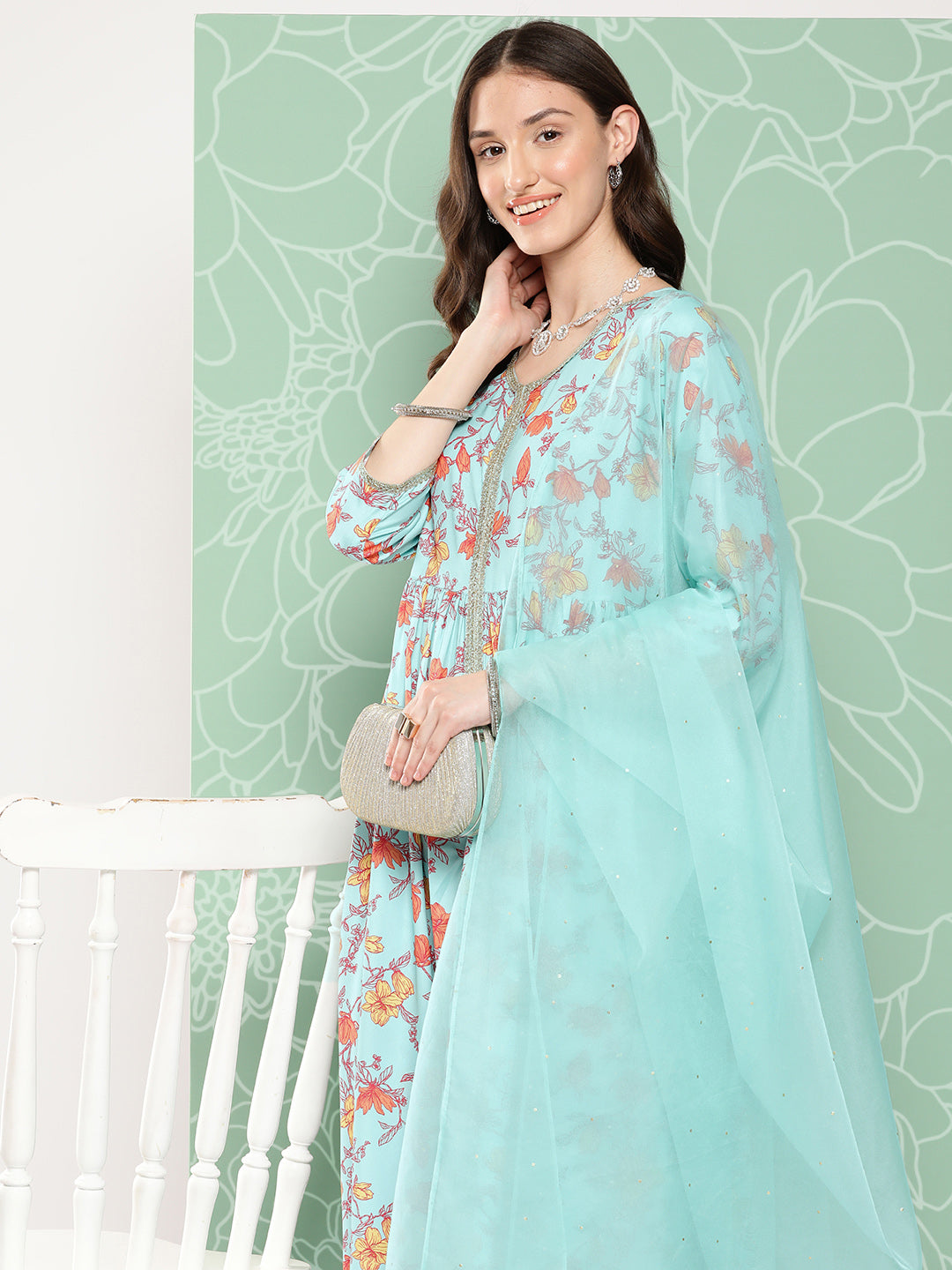 Janasya Women's Aqua Blue Moss Digital Floral Printed Gathered Festive Kurta Set | Swadesiicart