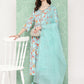 Janasya Women's Aqua Blue Moss Digital Floral Printed Gathered Festive Kurta Set | Swadesiicart