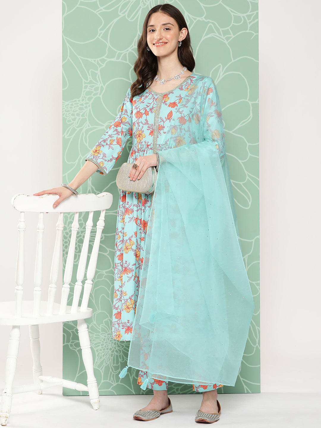 Janasya Women's Aqua Blue Moss Digital Floral Printed Gathered Festive Kurta Set | Swadesiicart