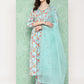 Janasya Women's Aqua Blue Moss Digital Floral Printed Gathered Festive Kurta Set | Swadesiicart