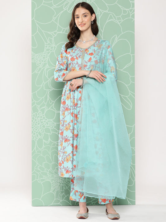 Janasya Women's Aqua Blue Moss Digital Floral Printed Gathered Festive Kurta Set | Swadesiicart