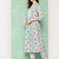 Janasya Women's Aqua Blue Moss Digital Floral Printed Gathered Festive Kurta Set | Swadesiicart