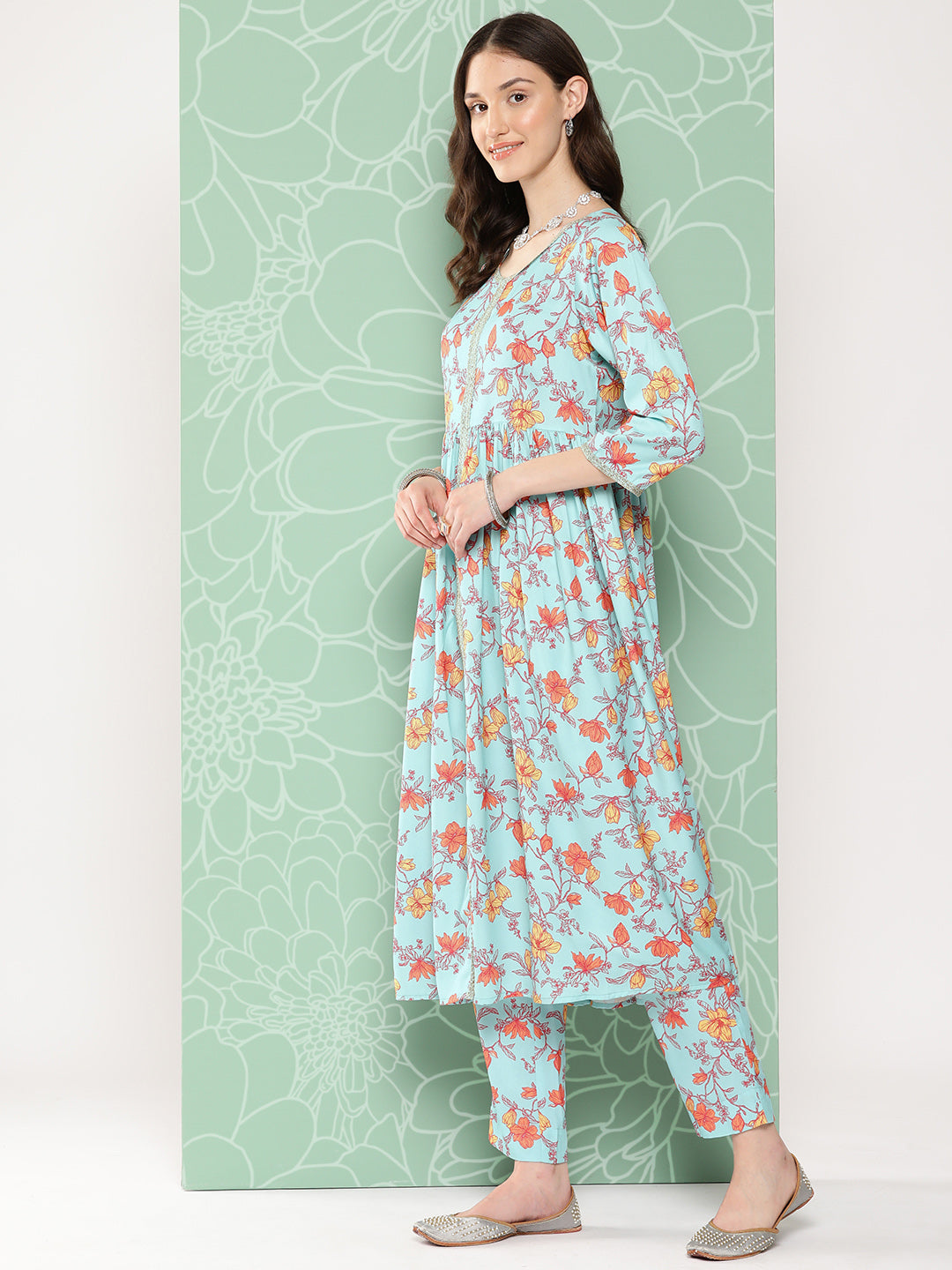 Janasya Women's Aqua Blue Moss Digital Floral Printed Gathered Festive Kurta Set | Swadesiicart