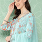 Janasya Women's Aqua Blue Moss Digital Floral Printed Gathered Festive Kurta Set | Swadesiicart