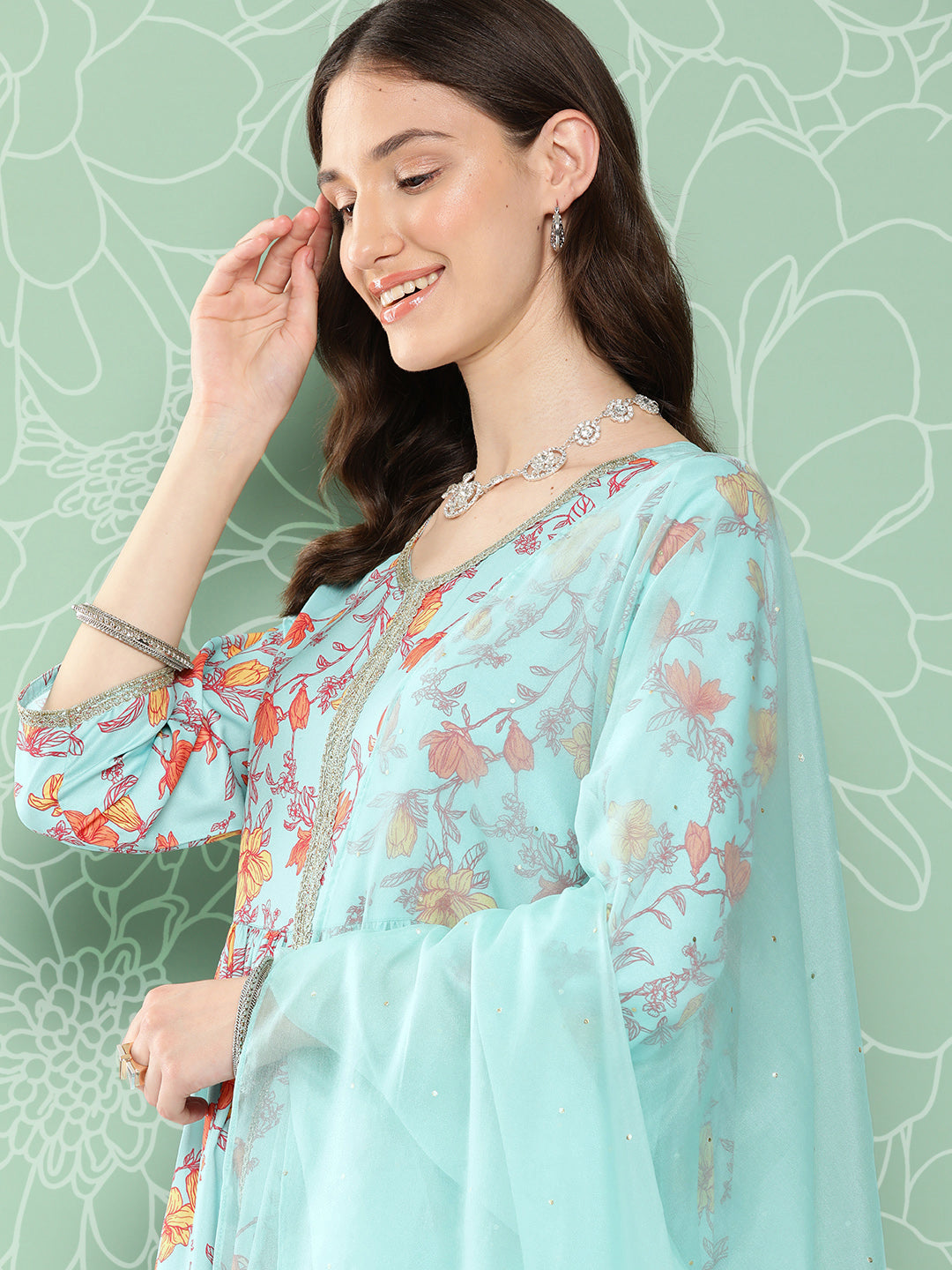 Janasya Women's Aqua Blue Moss Digital Floral Printed Gathered Festive Kurta Set | Swadesiicart