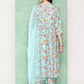 Janasya Women's Aqua Blue Moss Digital Floral Printed Gathered Festive Kurta Set | Swadesiicart