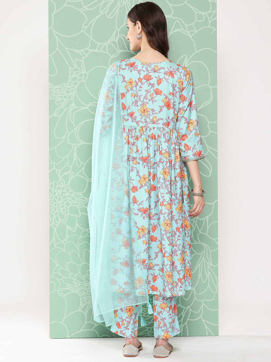 Janasya Women's Aqua Blue Moss Digital Floral Printed Gathered Festive Kurta Set | Swadesiicart