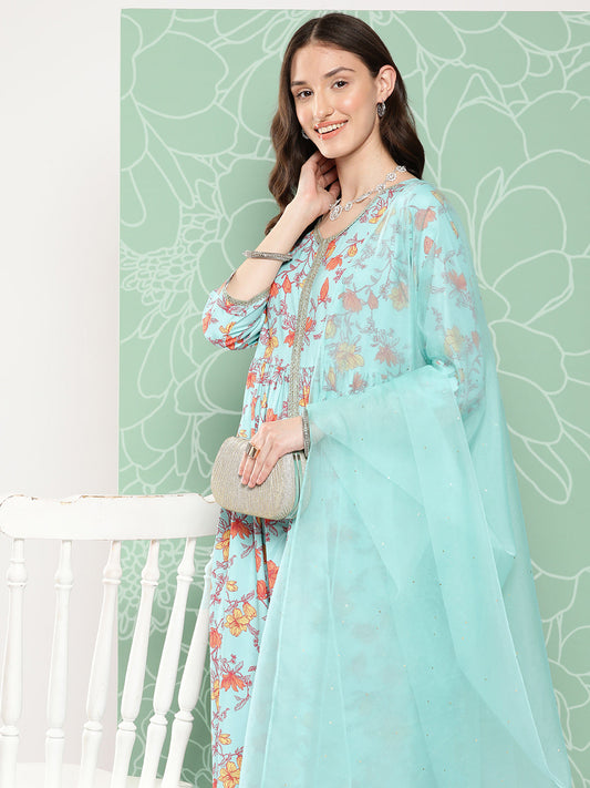 Janasya Women's Aqua Blue Moss Digital Floral Printed Gathered Festive Kurta Set | Swadesiicart