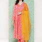 Janasya Women's Pink Moss Digital Floral Printed Panelled Festive Kurta Set | Swadesiicart
