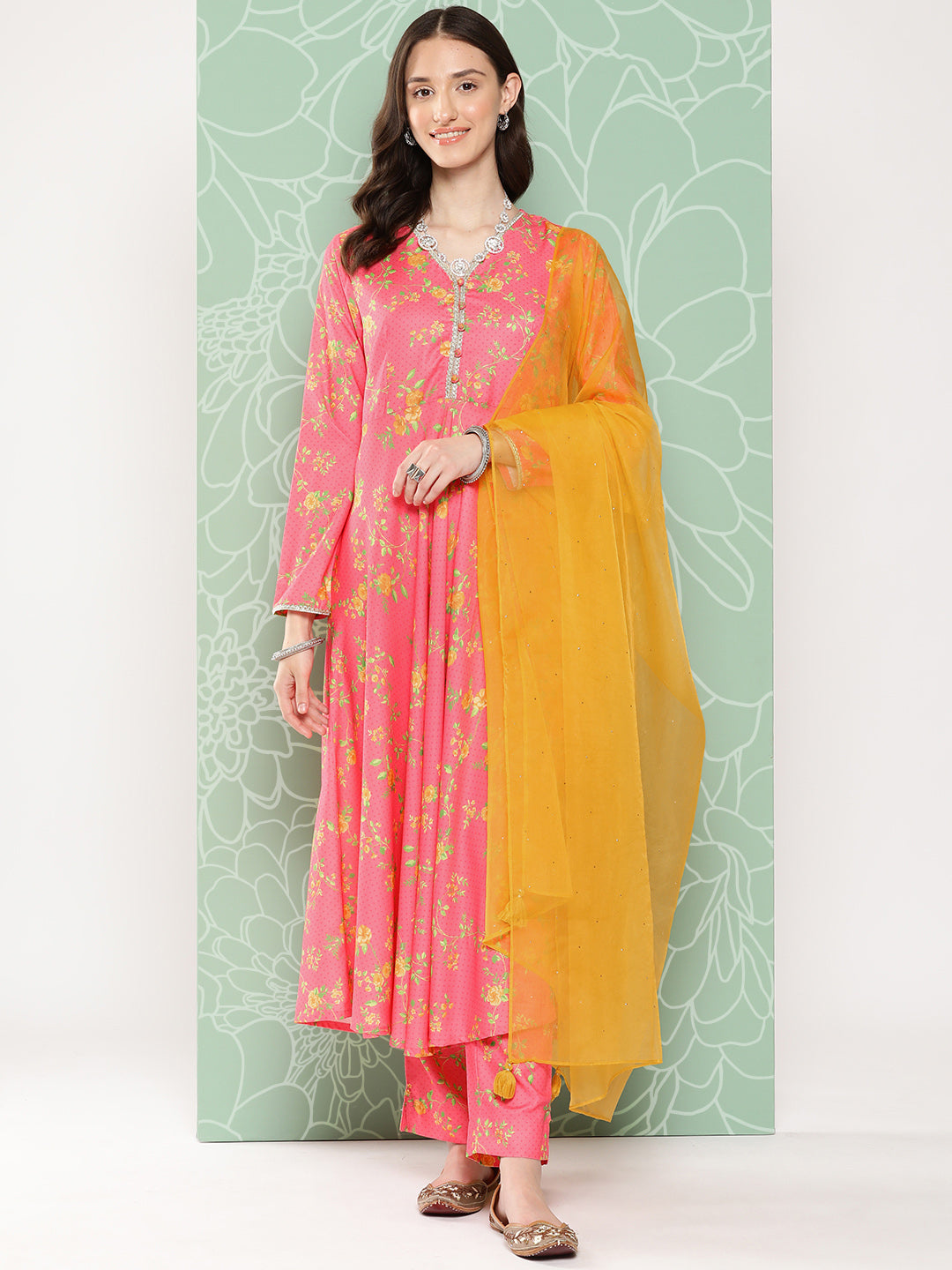 Janasya Women's Pink Moss Digital Floral Printed Panelled Festive Kurta Set | Swadesiicart