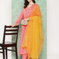 Janasya Women's Pink Moss Digital Floral Printed Panelled Festive Kurta Set | Swadesiicart