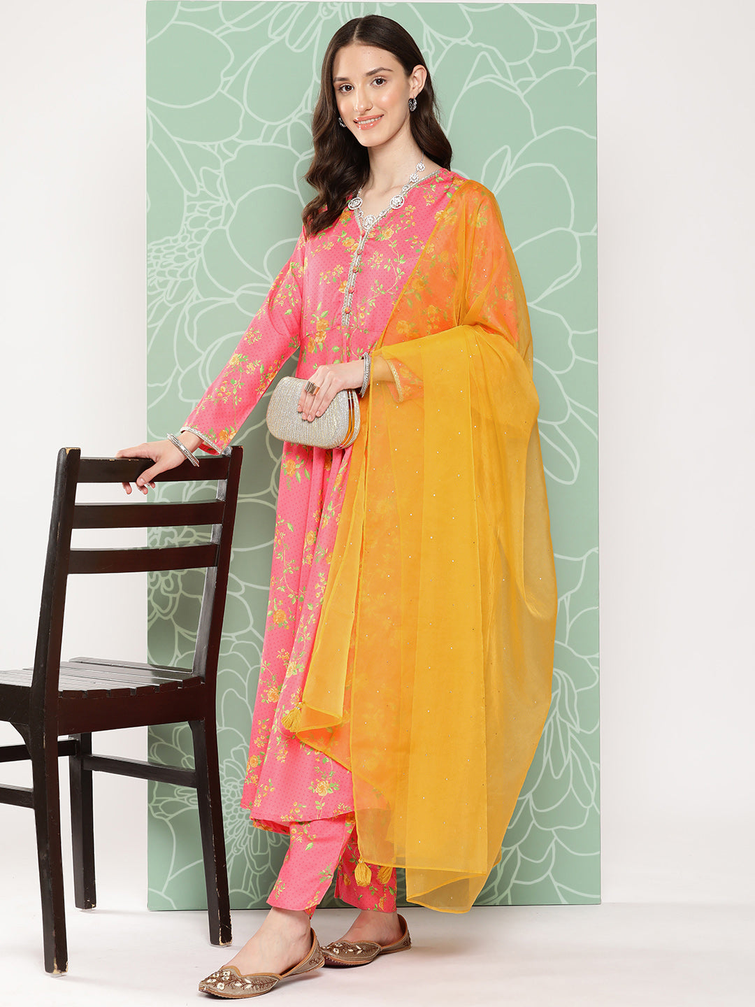 Janasya Women's Pink Moss Digital Floral Printed Panelled Festive Kurta Set | Swadesiicart