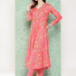 Janasya Women's Pink Moss Digital Floral Printed Panelled Festive Kurta Set | Swadesiicart