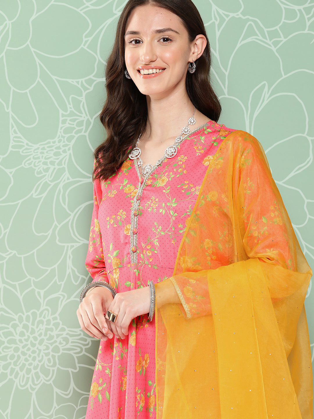 Janasya Women's Pink Moss Digital Floral Printed Panelled Festive Kurta Set | Swadesiicart