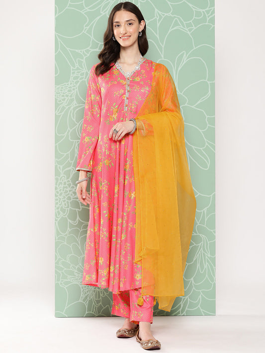 Janasya Women's Pink Moss Digital Floral Printed Panelled Festive Kurta Set | Swadesiicart