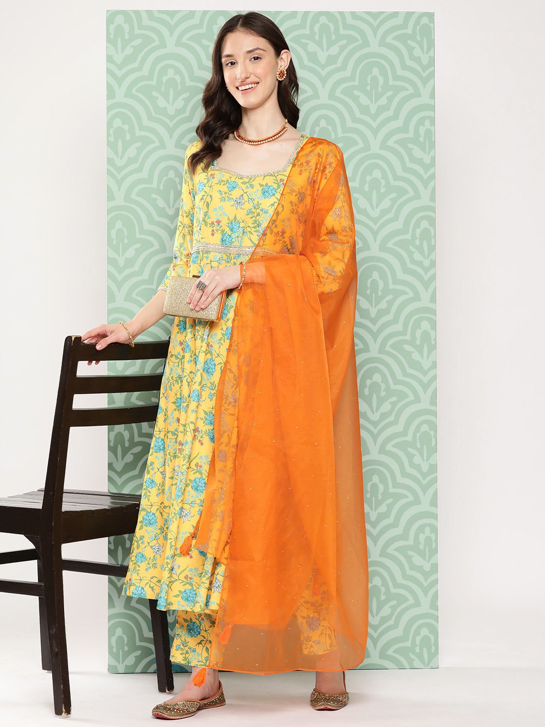 Janasya Women's Yellow Moss Digital Floral Printed Flared Festive Kurta Set | Swadesiicart