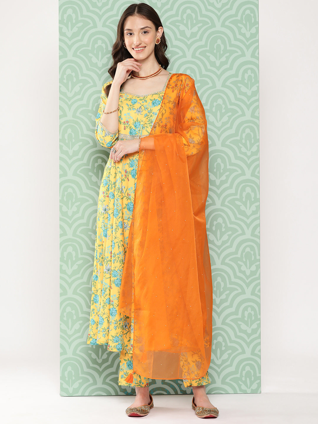 Janasya Women's Yellow Moss Digital Floral Printed Flared Festive Kurta Set | Swadesiicart