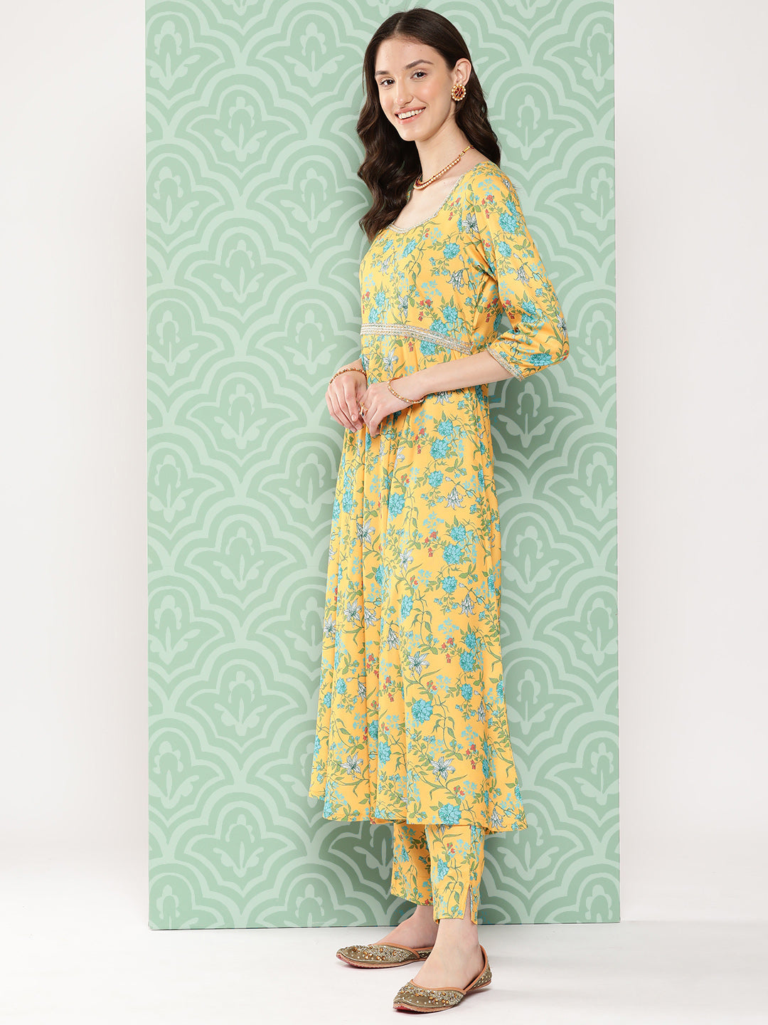 Janasya Women's Yellow Moss Digital Floral Printed Flared Festive Kurta Set | Swadesiicart