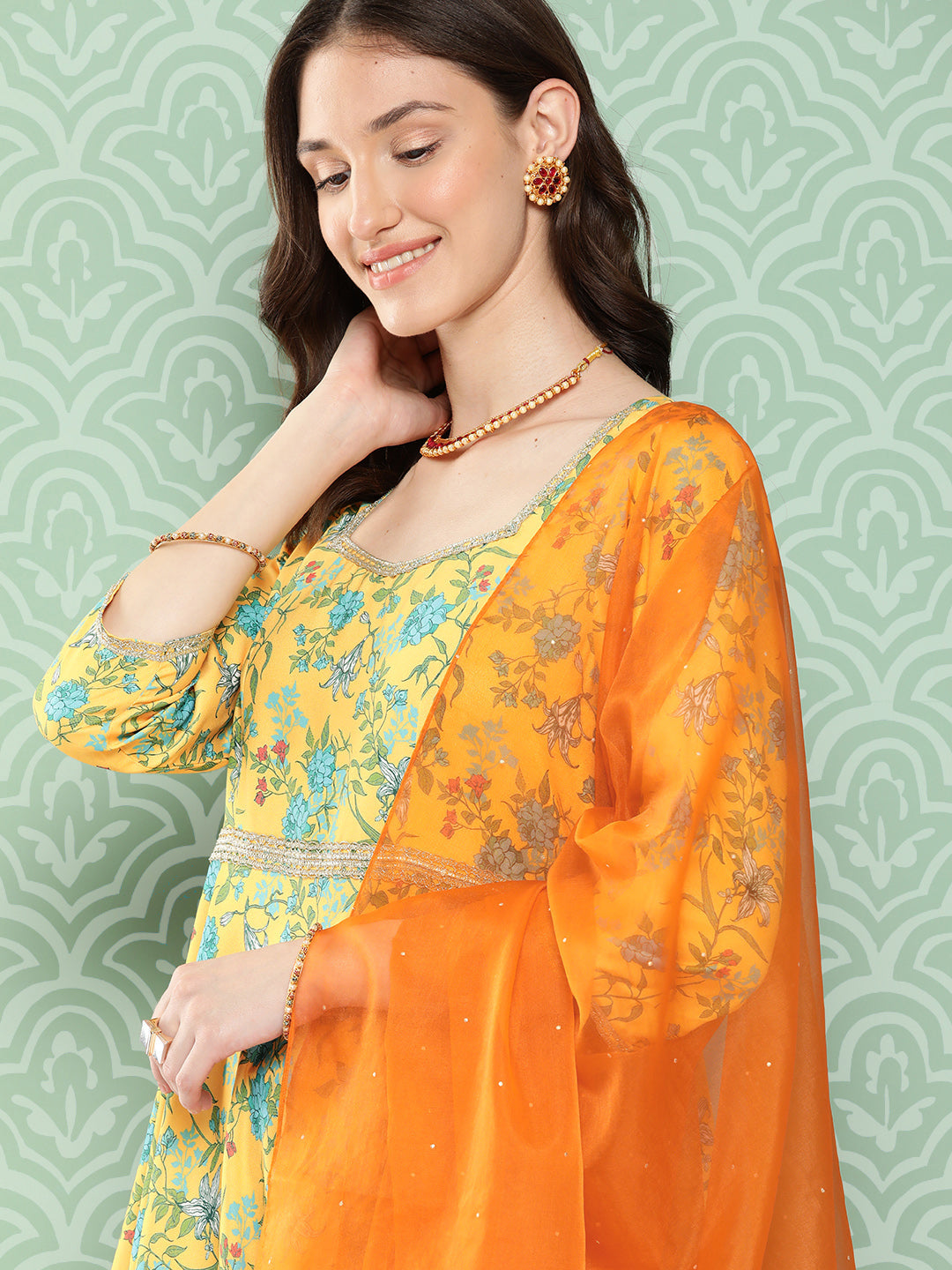 Janasya Women's Yellow Moss Digital Floral Printed Flared Festive Kurta Set | Swadesiicart