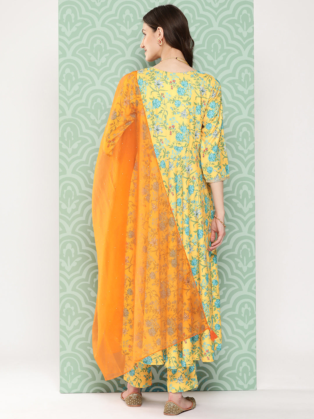 Janasya Women's Yellow Moss Digital Floral Printed Flared Festive Kurta Set | Swadesiicart