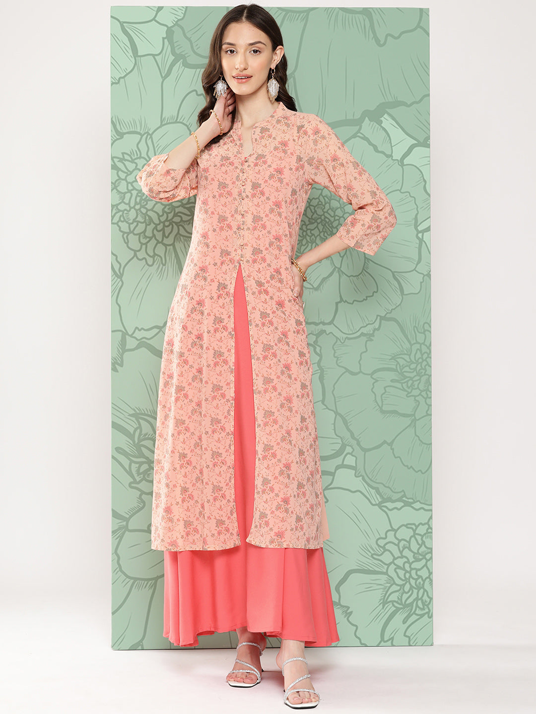 Janasya Women's Peach Georgette Digital Floral Printed Front Slit Festive Kurta Set | Swadesiicart