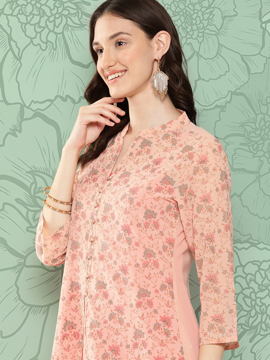 Janasya Women's Peach Georgette Digital Floral Printed Front Slit Festive Kurta Set | Swadesiicart