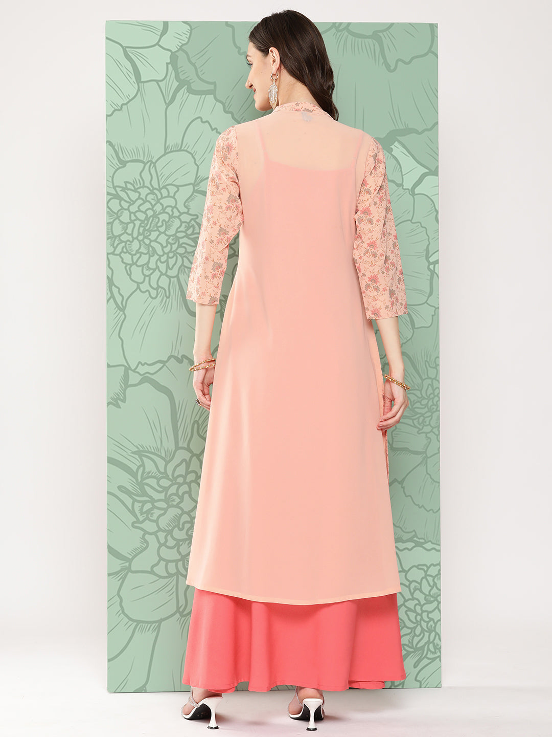 Janasya Women's Peach Georgette Digital Floral Printed Front Slit Festive Kurta Set | Swadesiicart