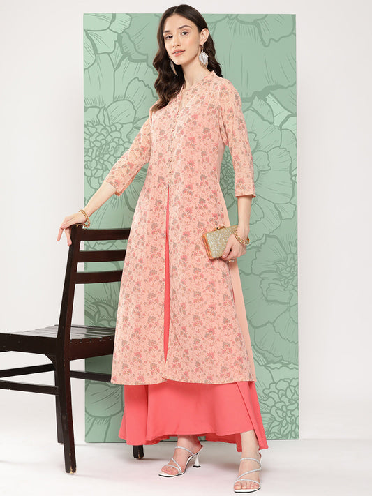 Janasya Women's Peach Georgette Digital Floral Printed Front Slit Festive Kurta Set | Swadesiicart