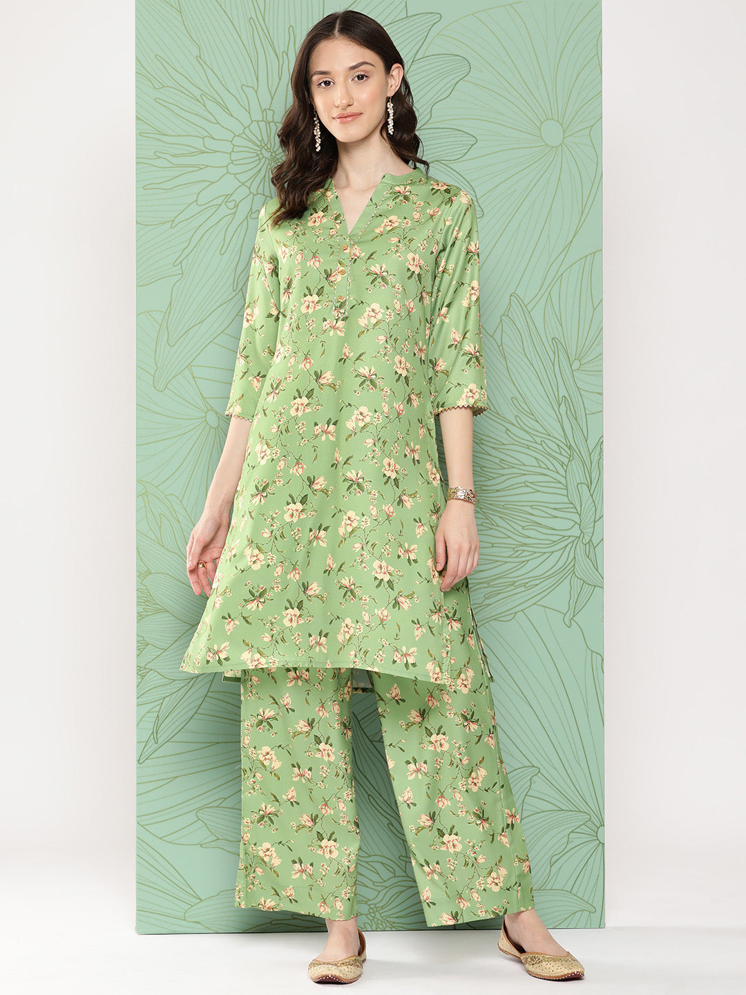 Janasya Women's Green Moss Digital Floral Printed Straight Casual Kurta Set | Swadesiicart