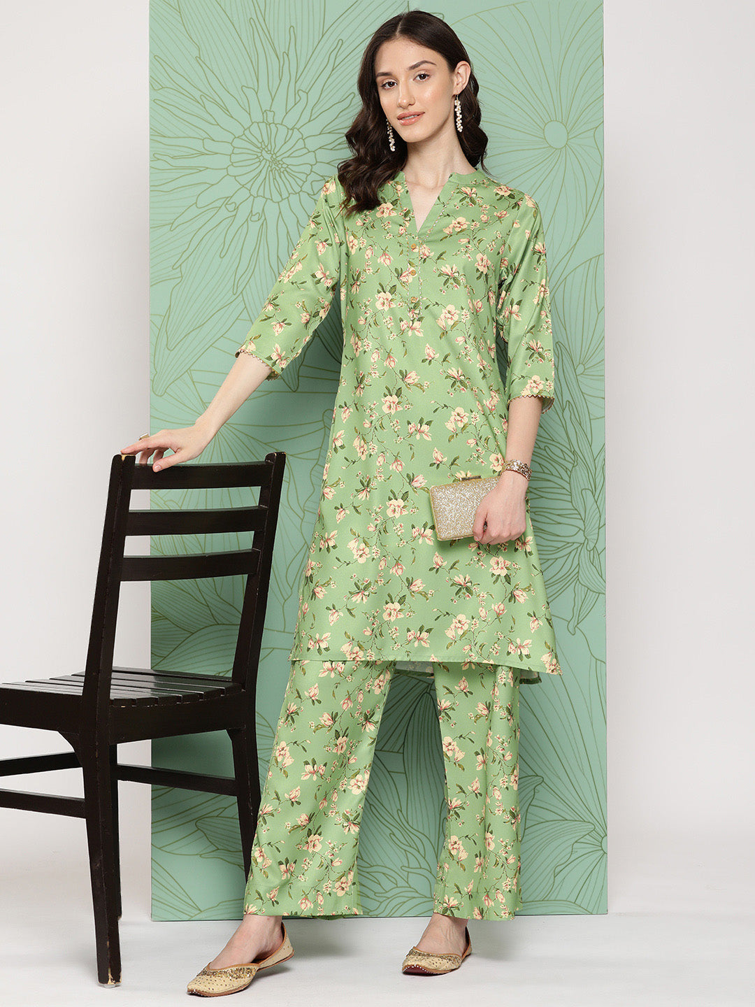 Janasya Women's Green Moss Digital Floral Printed Straight Casual Kurta Set | Swadesiicart