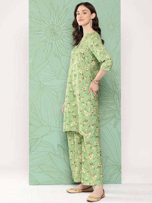 Janasya Women's Green Moss Digital Floral Printed Straight Casual Kurta Set | Swadesiicart