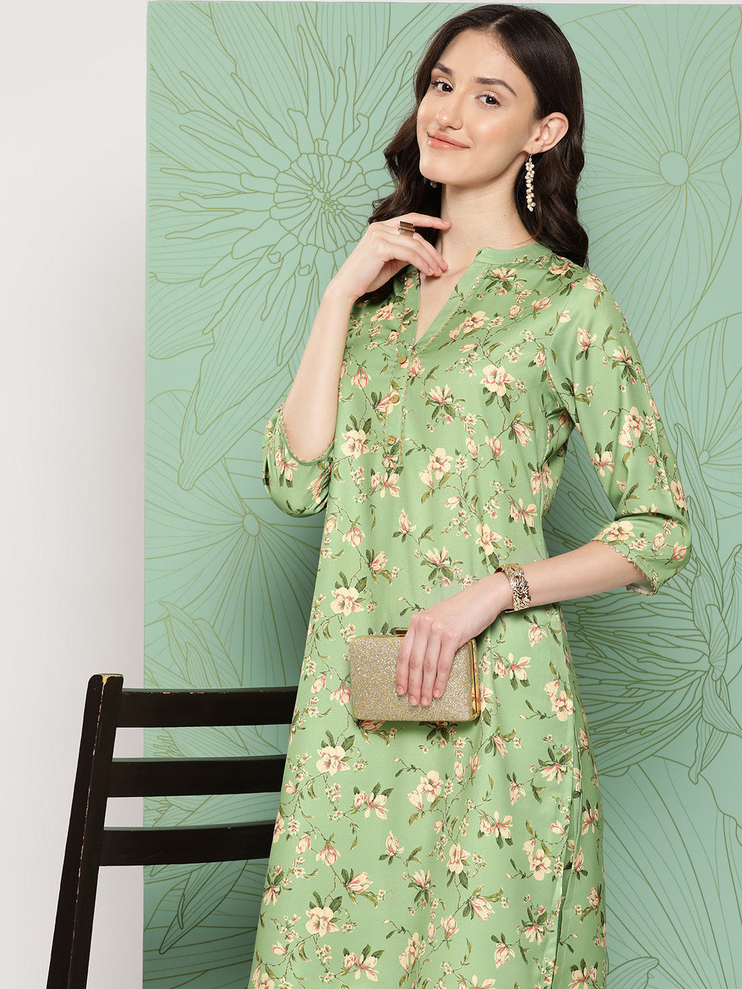 Janasya Women's Green Moss Digital Floral Printed Straight Casual Kurta Set | Swadesiicart