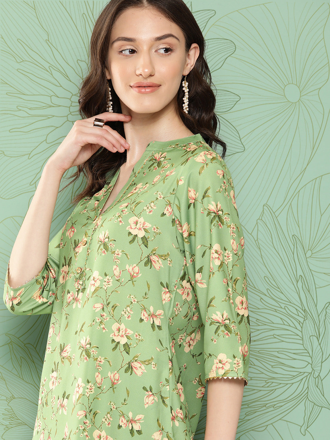 Janasya Women's Green Moss Digital Floral Printed Straight Casual Kurta Set | Swadesiicart