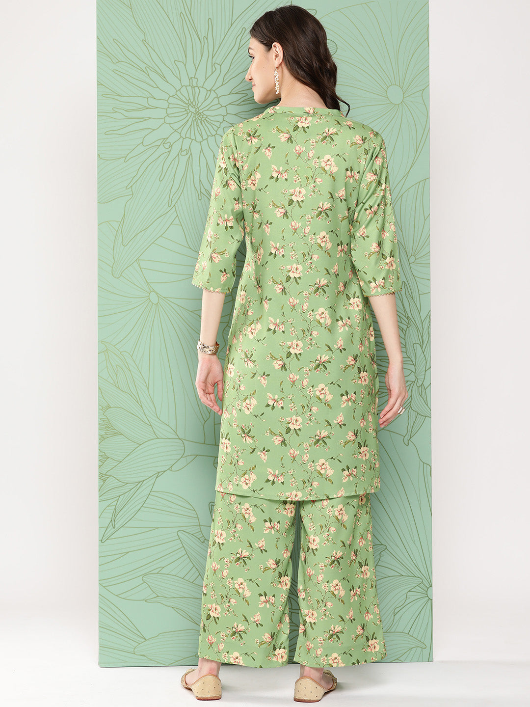 Janasya Women's Green Moss Digital Floral Printed Straight Casual Kurta Set | Swadesiicart