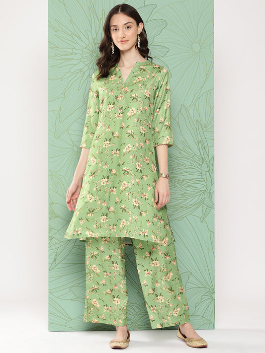 Janasya Women's Green Moss Digital Floral Printed Straight Casual Kurta Set | Swadesiicart