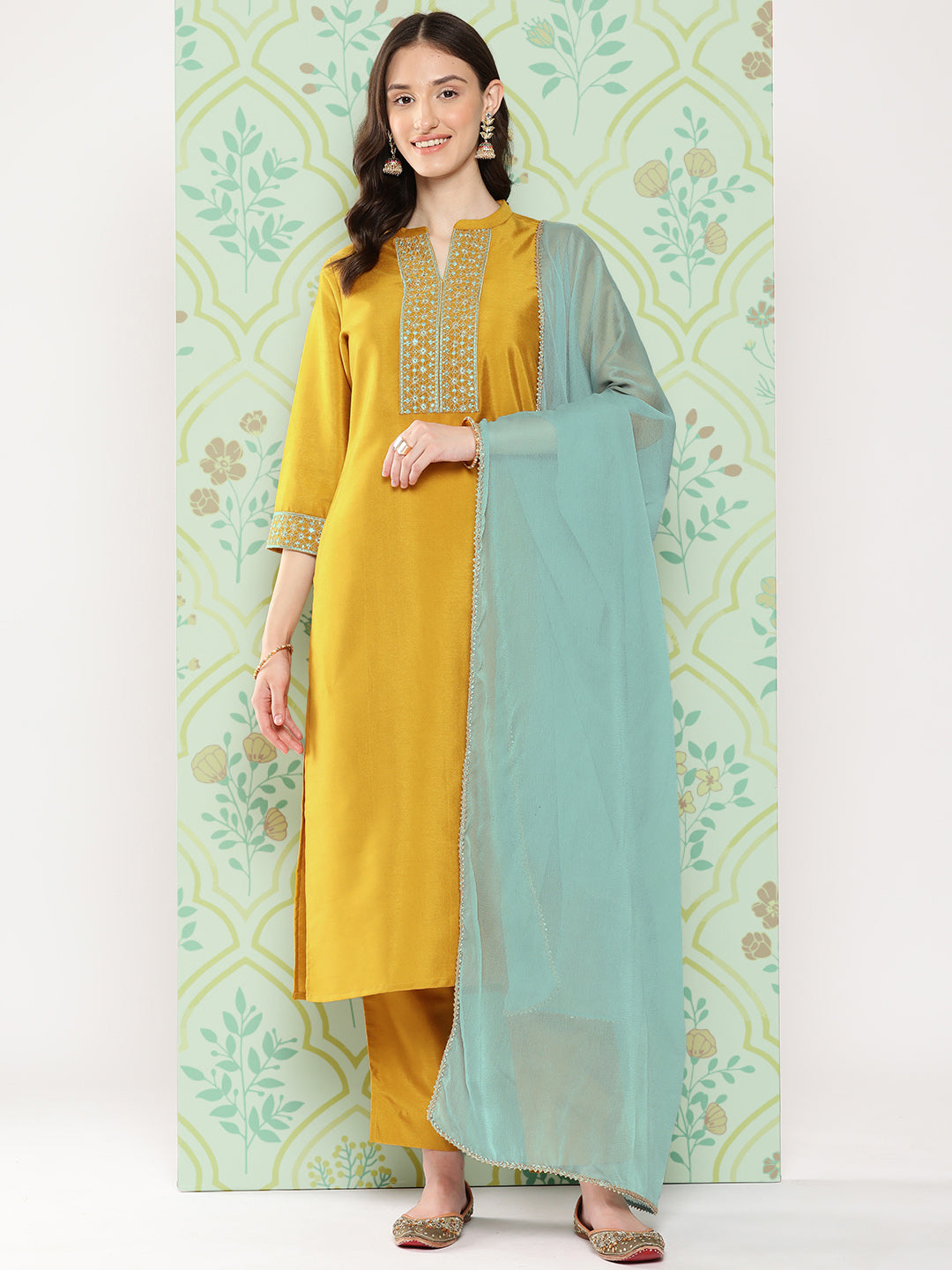 Janasya Women's Mustard Crepe Silk Solid Straight Festive Kurta Set | Swadesiicart