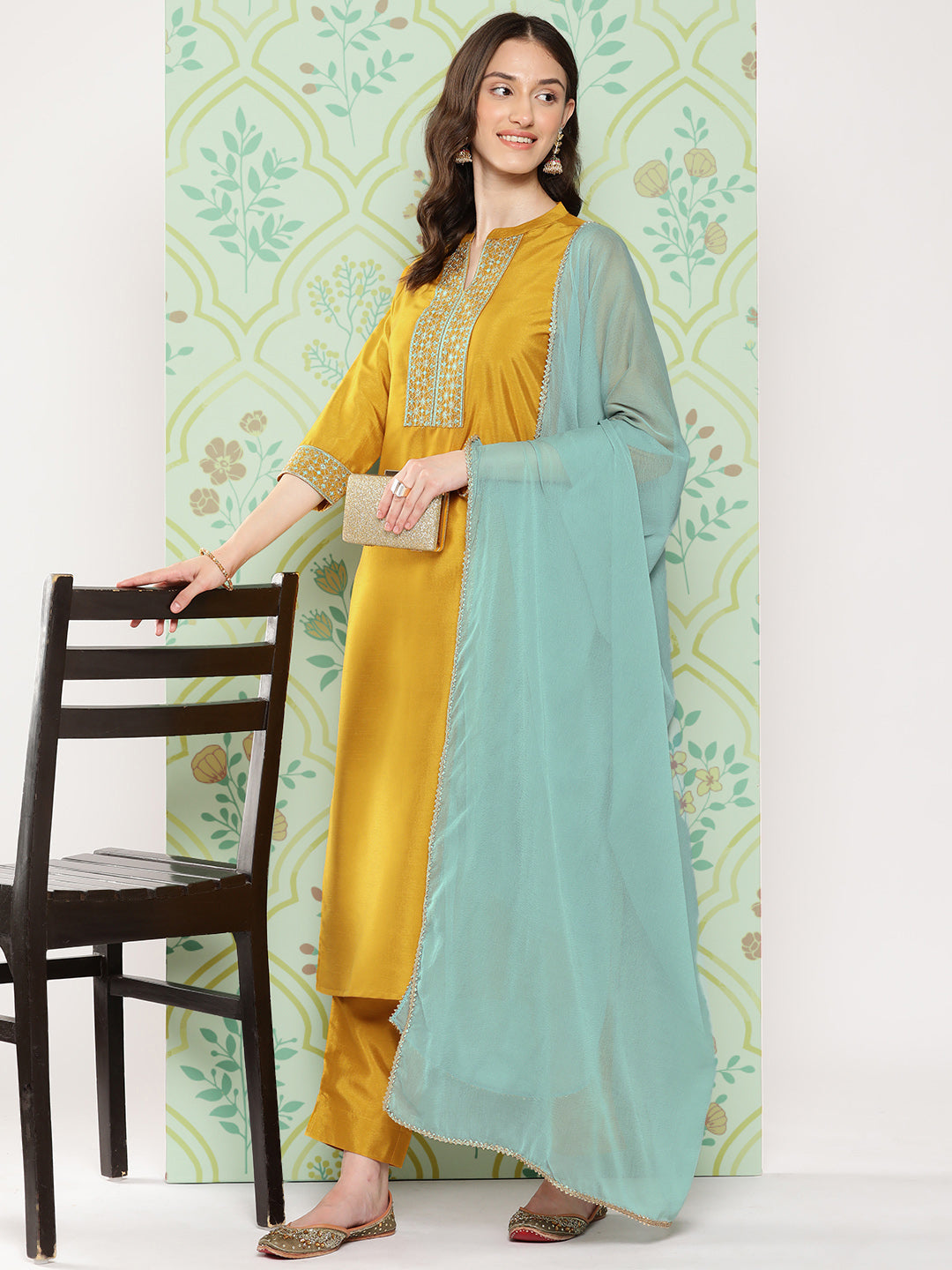 Janasya Women's Mustard Crepe Silk Solid Straight Festive Kurta Set | Swadesiicart
