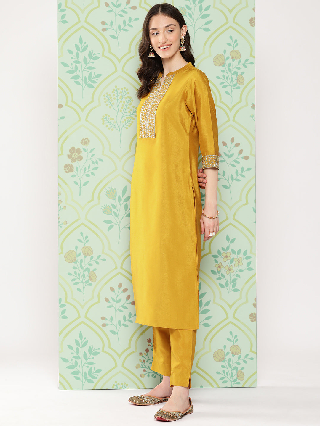 Janasya Women's Mustard Crepe Silk Solid Straight Festive Kurta Set | Swadesiicart
