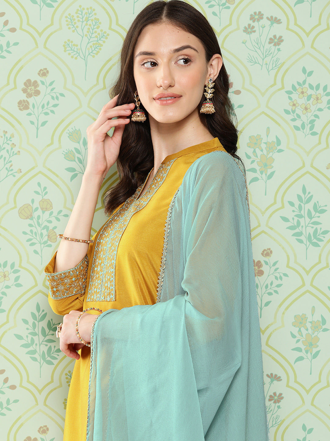 Janasya Women's Mustard Crepe Silk Solid Straight Festive Kurta Set | Swadesiicart