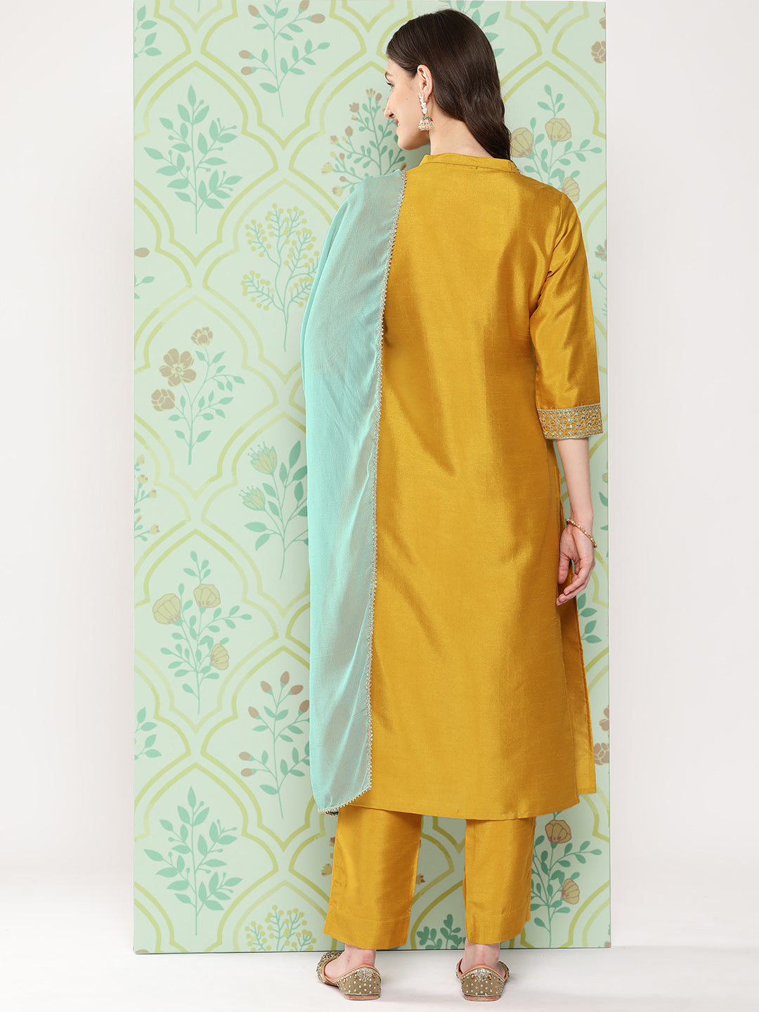 Janasya Women's Mustard Crepe Silk Solid Straight Festive Kurta Set | Swadesiicart