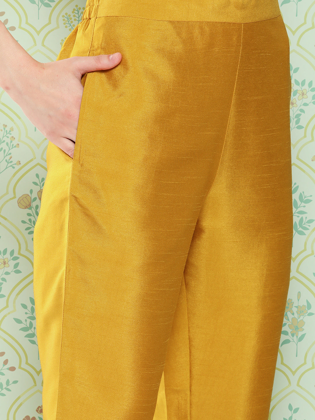Janasya Women's Mustard Crepe Silk Solid Straight Festive Kurta Set | Swadesiicart