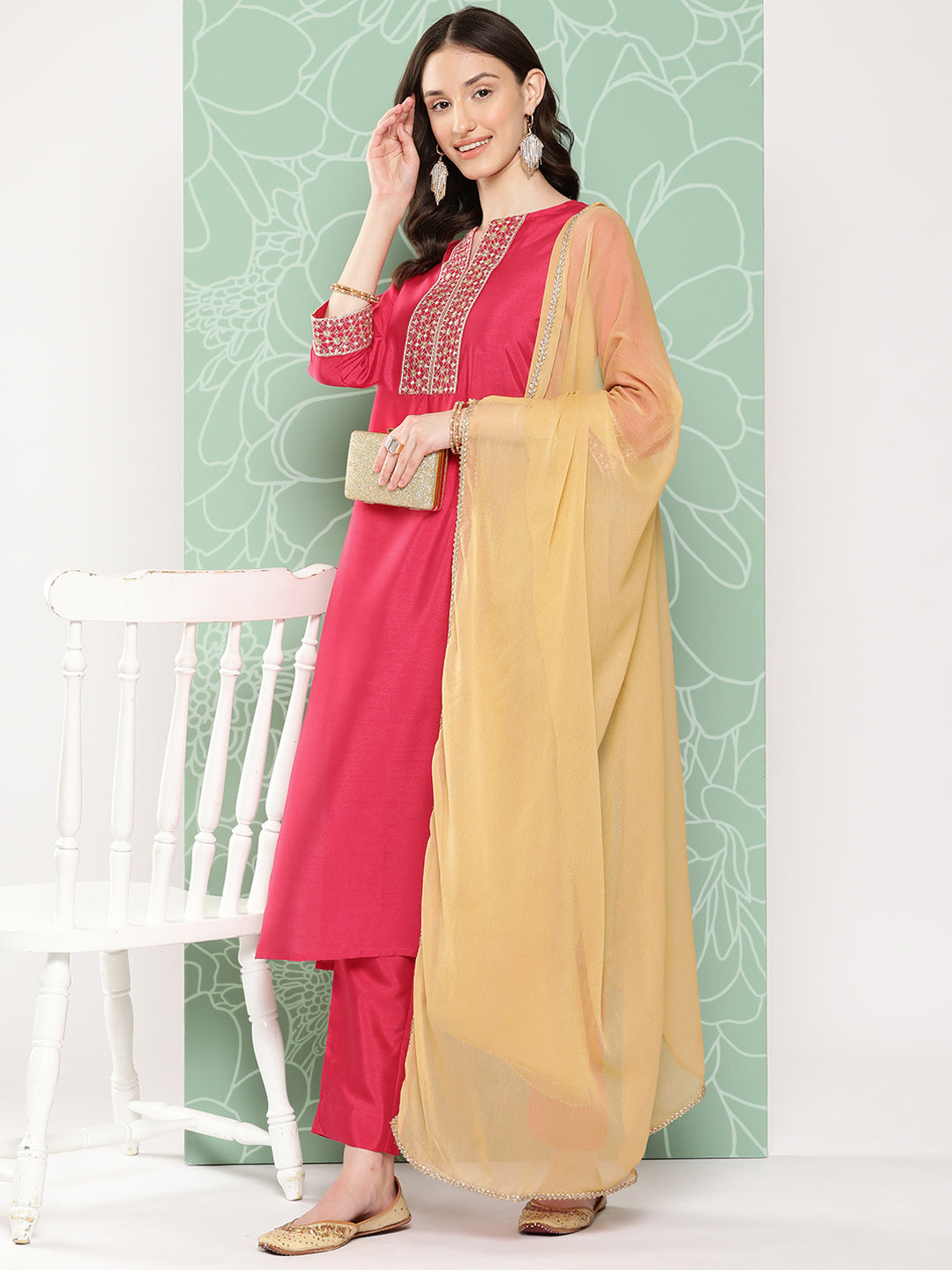 Janasya Women's Pink Crepe Silk Solid Straight Festive Kurta Set | Swadesiicart