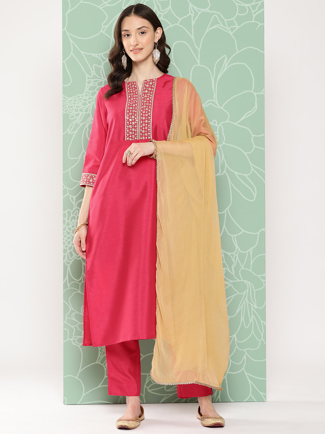 Janasya Women's Pink Crepe Silk Solid Straight Festive Kurta Set | Swadesiicart