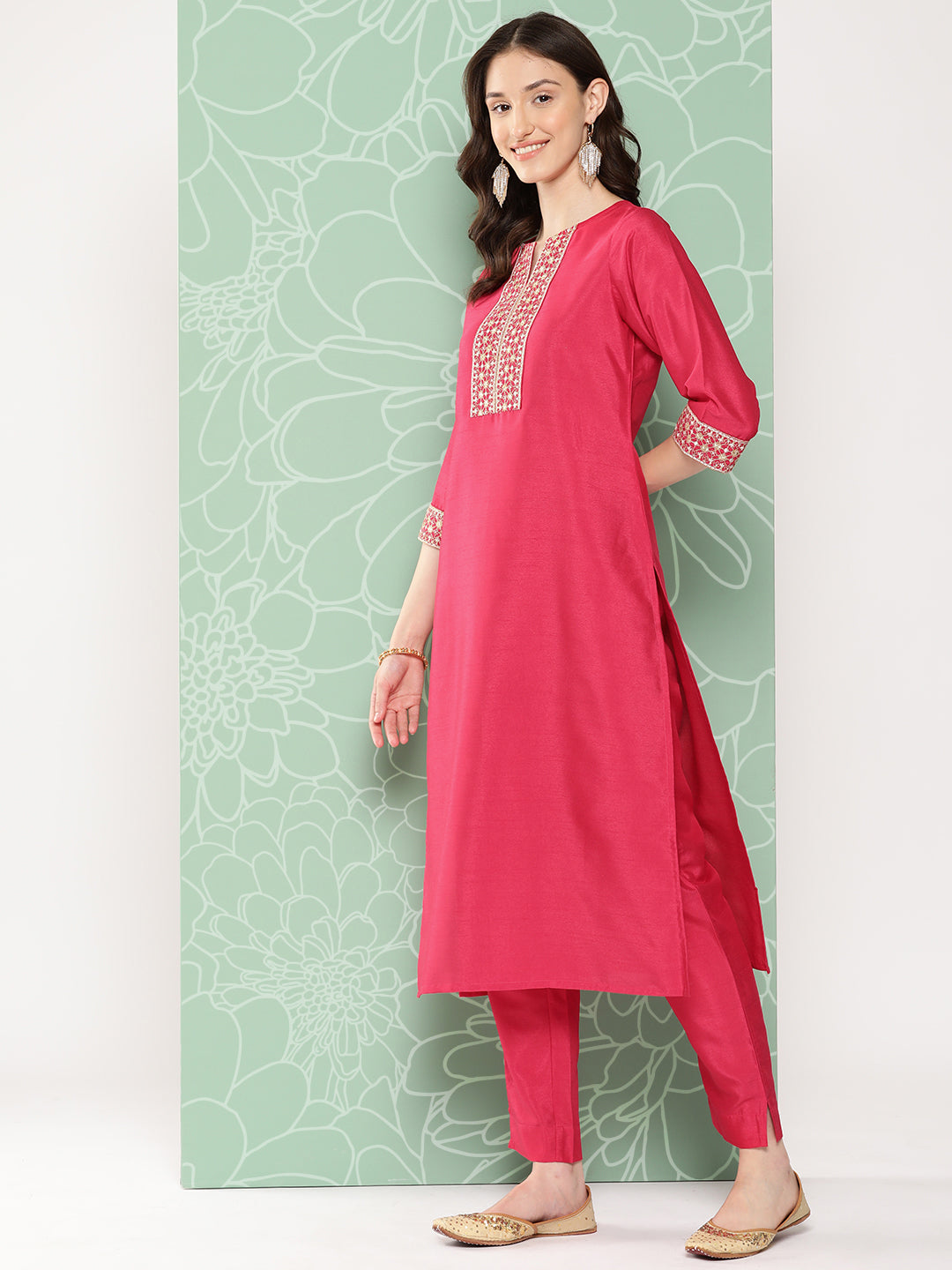 Janasya Women's Pink Crepe Silk Solid Straight Festive Kurta Set | Swadesiicart