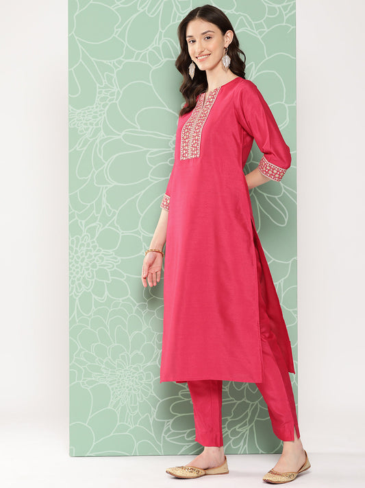Janasya Women's Pink Crepe Silk Solid Straight Festive Kurta Set | Swadesiicart
