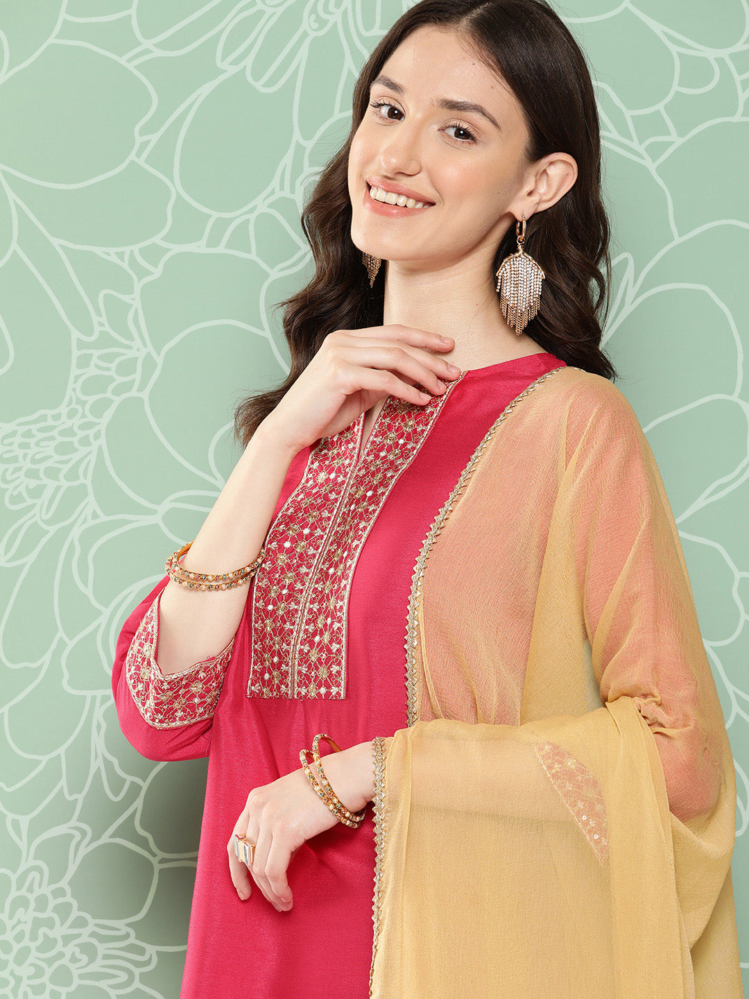 Janasya Women's Pink Crepe Silk Solid Straight Festive Kurta Set | Swadesiicart